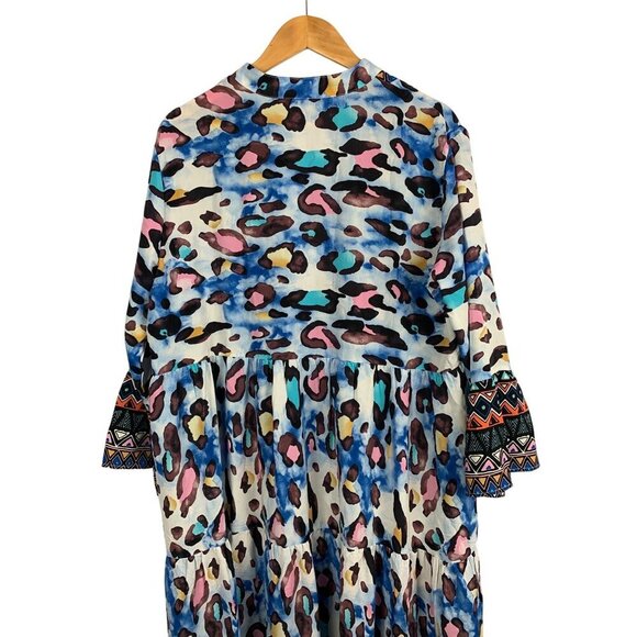 Multi-Color Bohemian Maxi Dress With Vibrant Patterns & 3/4 Sleeves - Picture 4 of 5